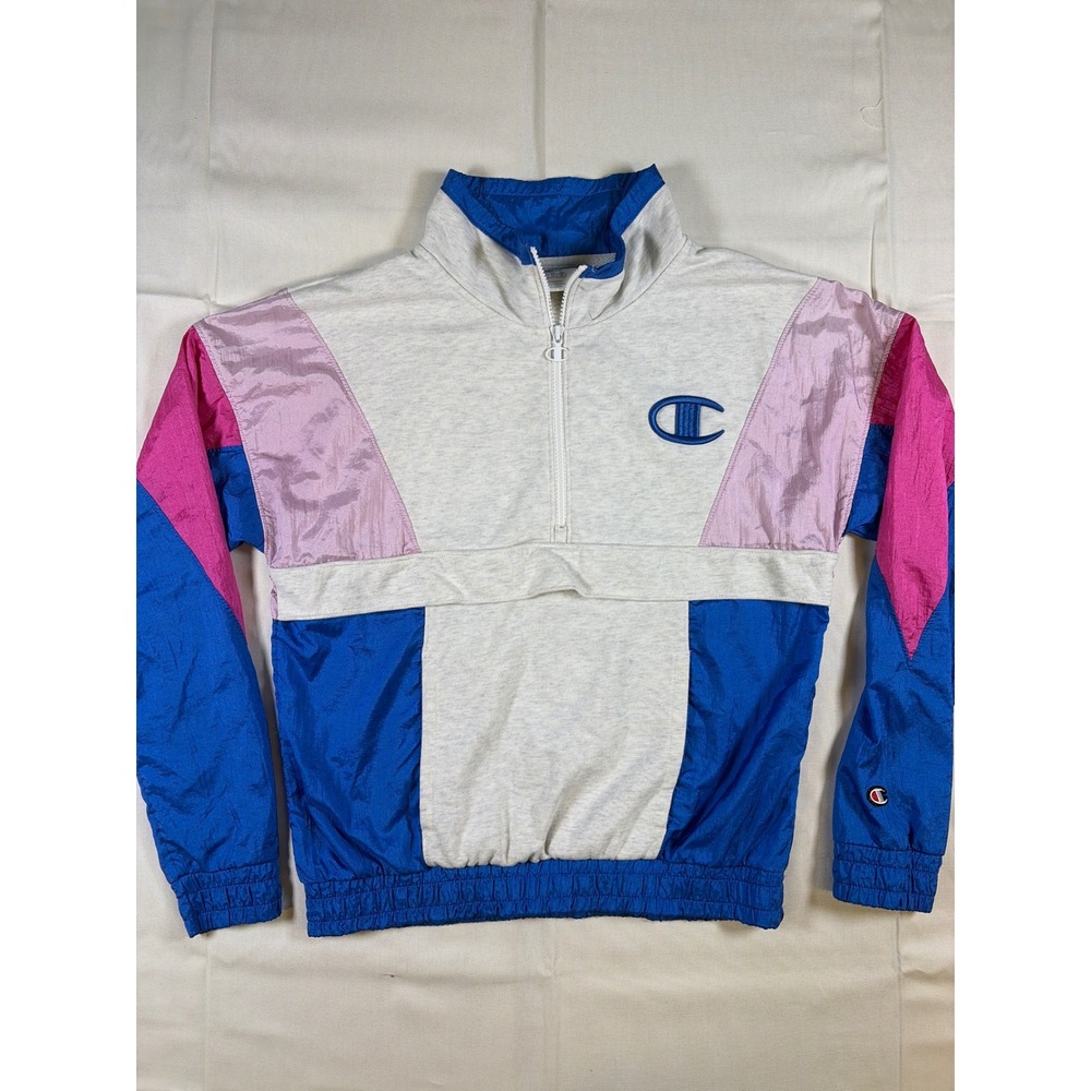 Champion Women 1/4 Zip Retro Colorblock Windbreaker Pullover Blue Pink Grey S